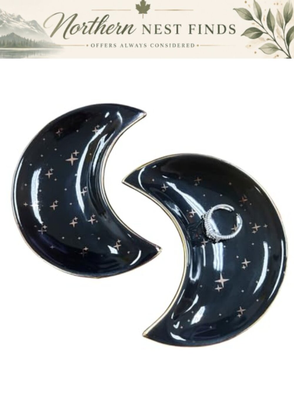 2PCS Ceramic Moon Shaped Jewelry Dish Trinket Tray Ring Earring Organizer